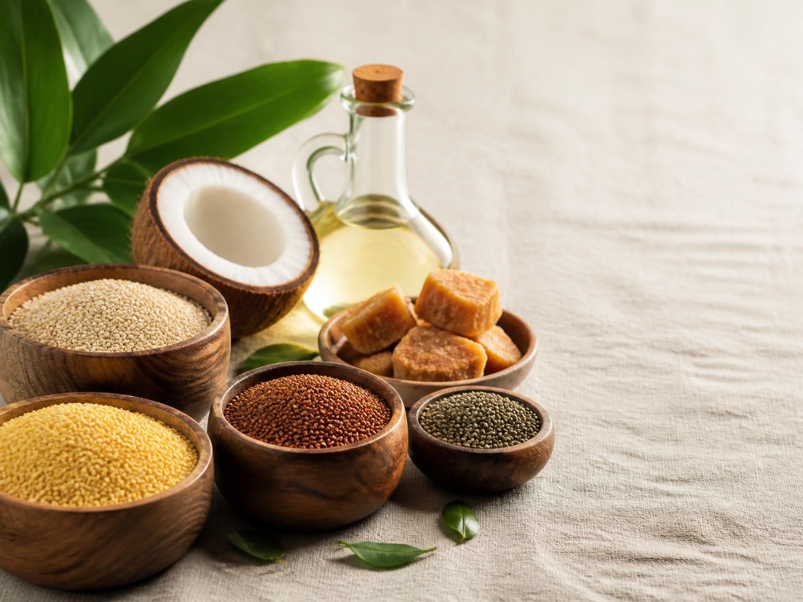 Bowls of raw millets, coconut, jaggery and virgin coconut oil from PANKAR Superfoods
